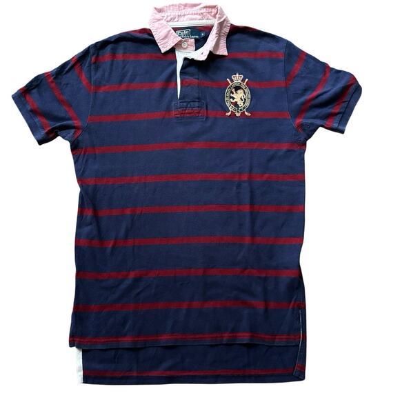 Vtg Polo Ralph Lauren Small Blue Red Stripe Polo Lion Crest Oxford Cloth Collar - Picture 1 of 8